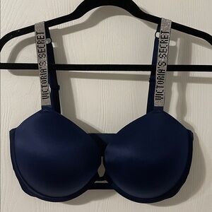 Victoria's Secret Very Sexy Push-Up Rhinestone Straps Midnight Blue Bra 36F (3D)